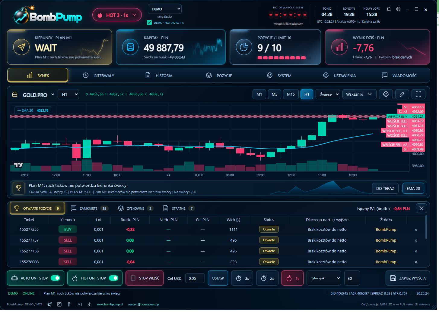 BombPump trading panel screenshot